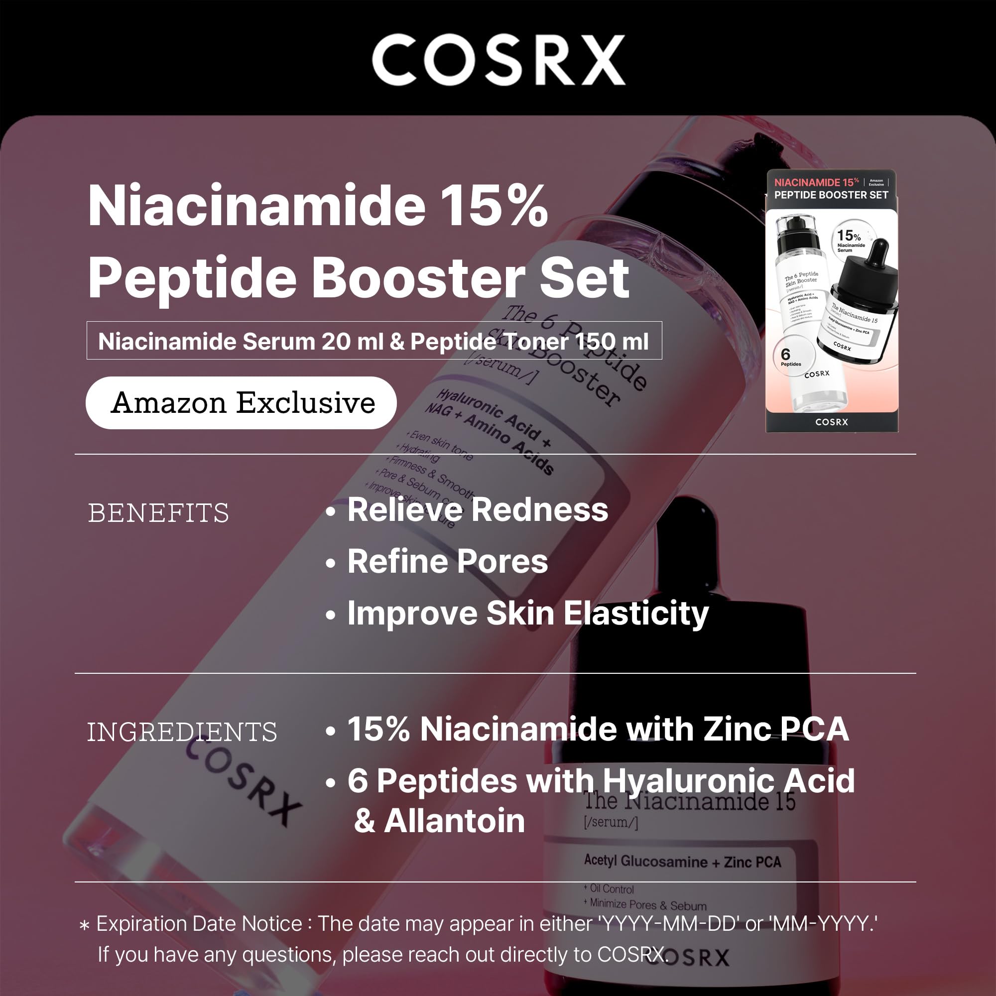 COSRX Peptide Booster Toner bottle demonstrating pore refinement and radiance.