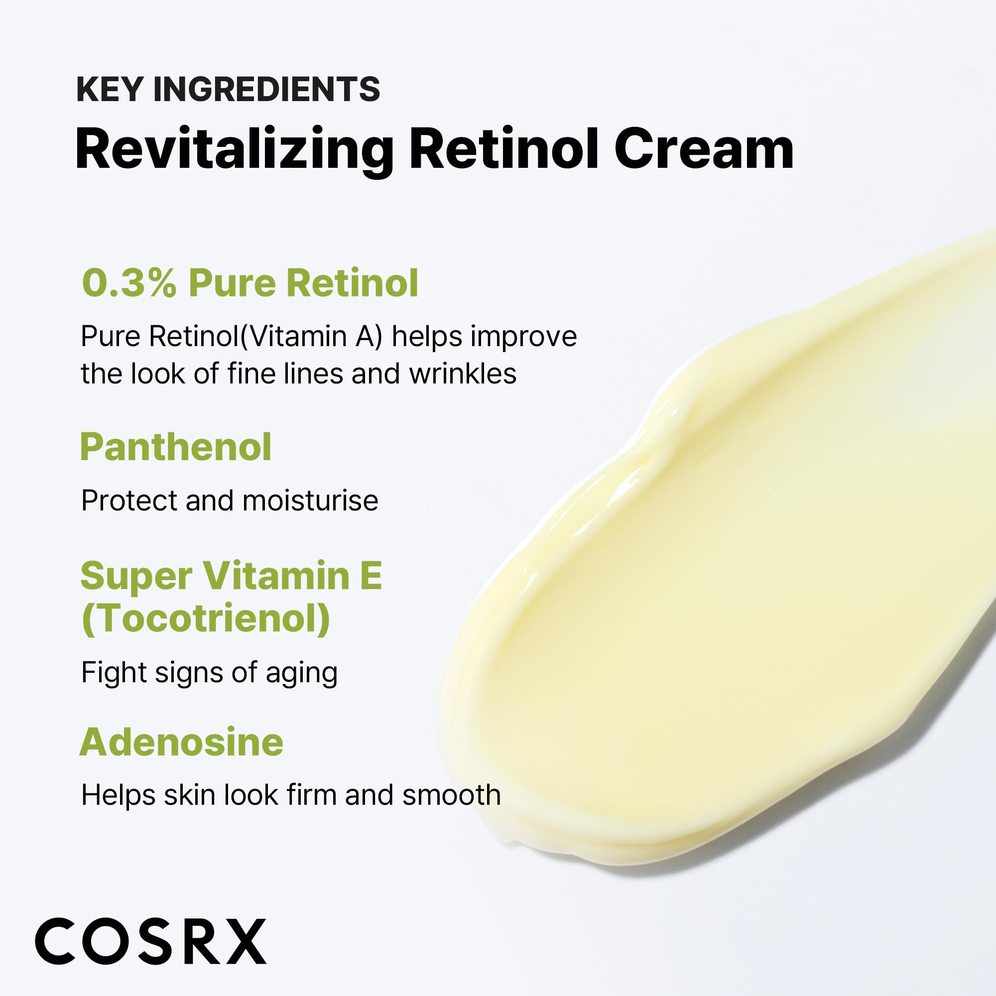 COSRX Retinol 0.3% crema aplicación suave en rostro y cuello.