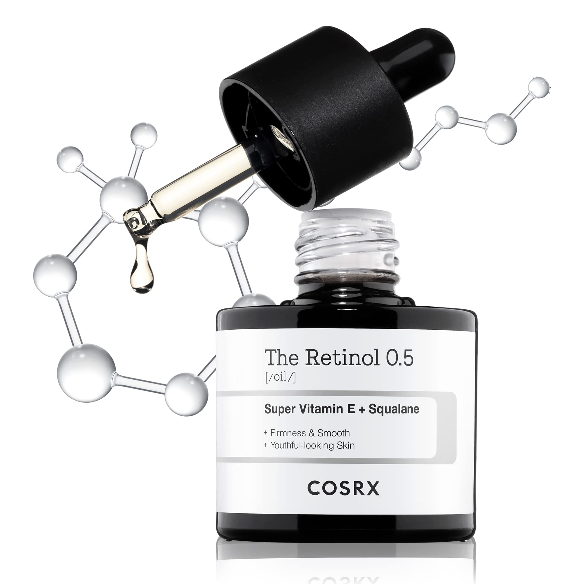 Cosrx Retinol 0,5% aceite en botella, textura sedosa para cuidado nocturno.