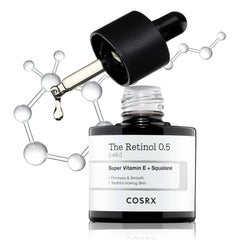 Cosrx Retinol 0,5% aceite en botella, textura sedosa para cuidado nocturno.