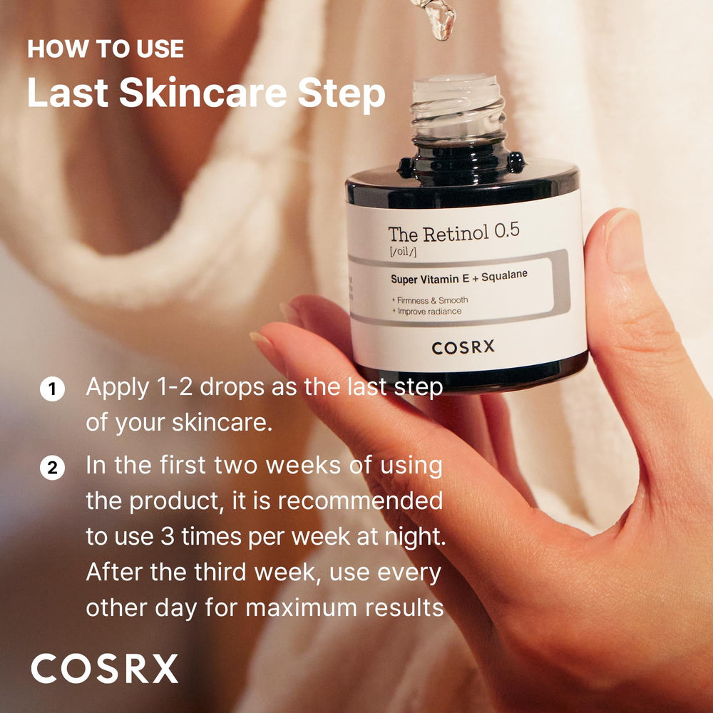 Aplicación nocturna con Cosrx Retinol 0,5% aceite, sensación suave en la piel.