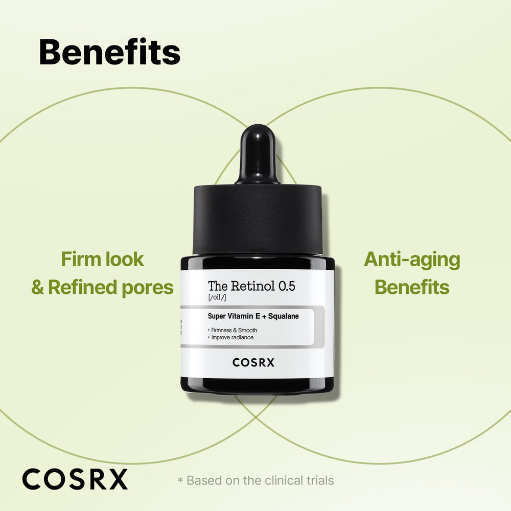 Ingredientes clave de Cosrx Retinol 0,5% aceite cuidan la piel durante la noche.