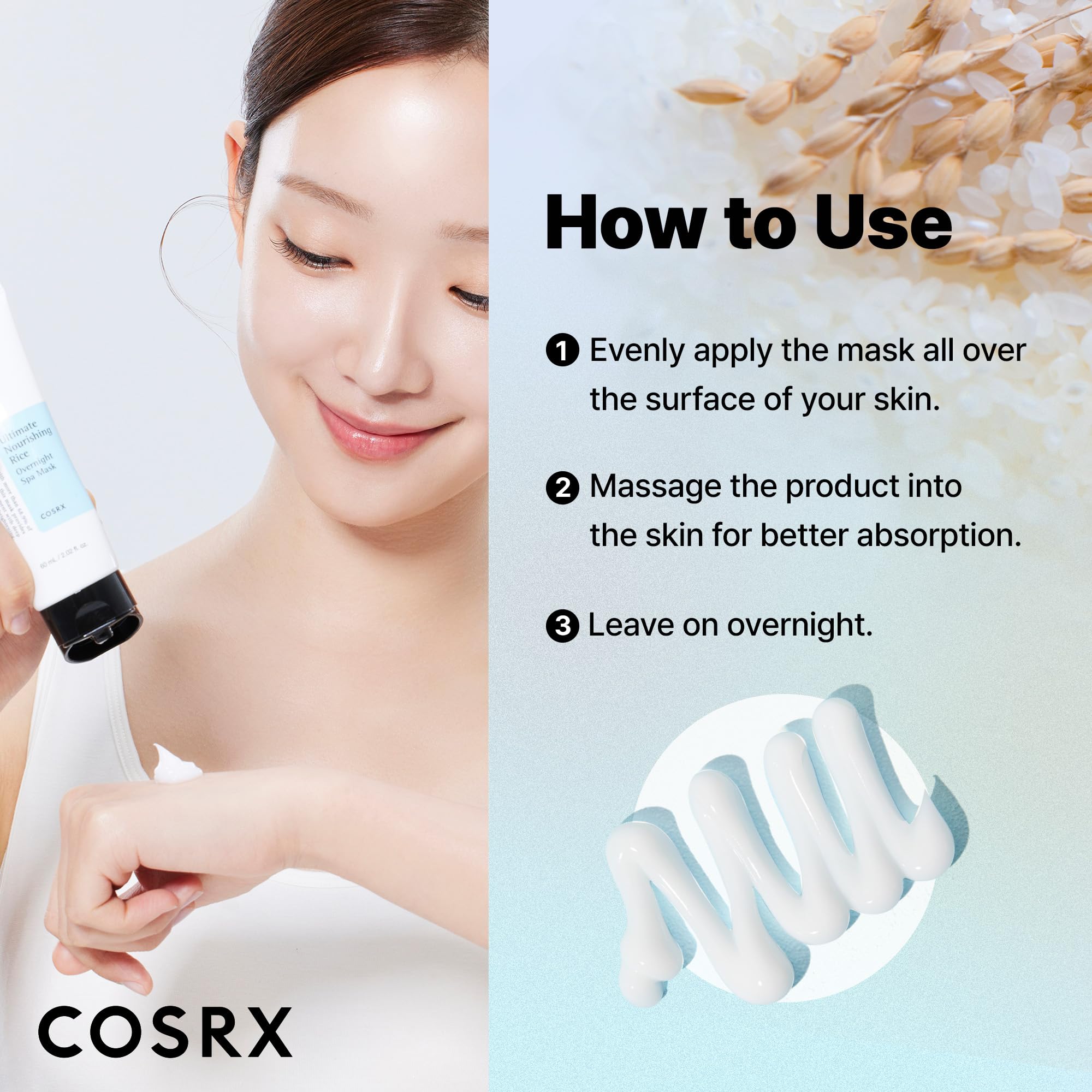 COSRX rutina nocturna con mascarilla de arroz brinda piel hidratada mañana.