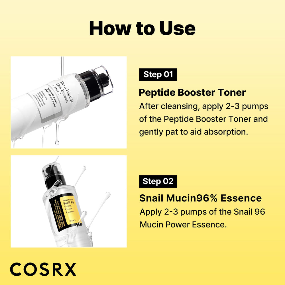 COSRX Snail Mucin 96% Peptide Booster Set close-up texture suggests a cushiony feel