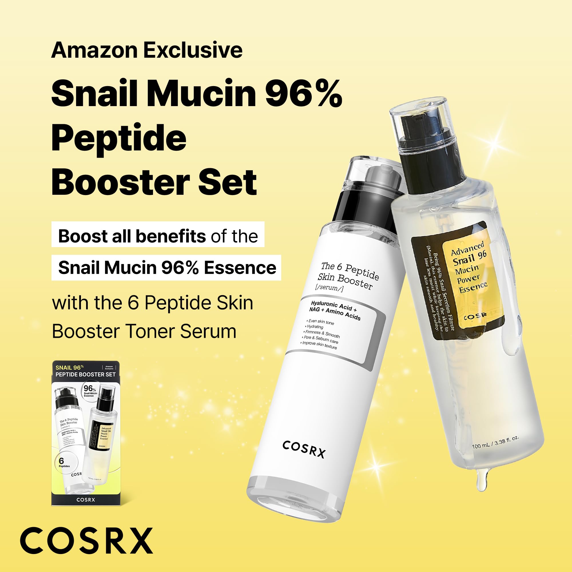 COSRX Snail Mucin 96% Peptide Booster Set serum bottle close-up highlights hydrating formula