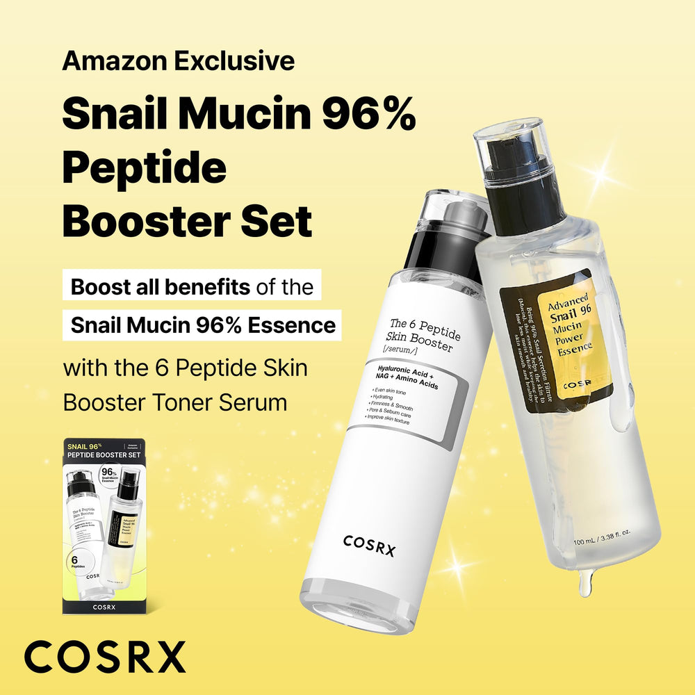 COSRX Snail Mucin 96% Peptide Booster Set serum bottle close-up highlights hydrating formula