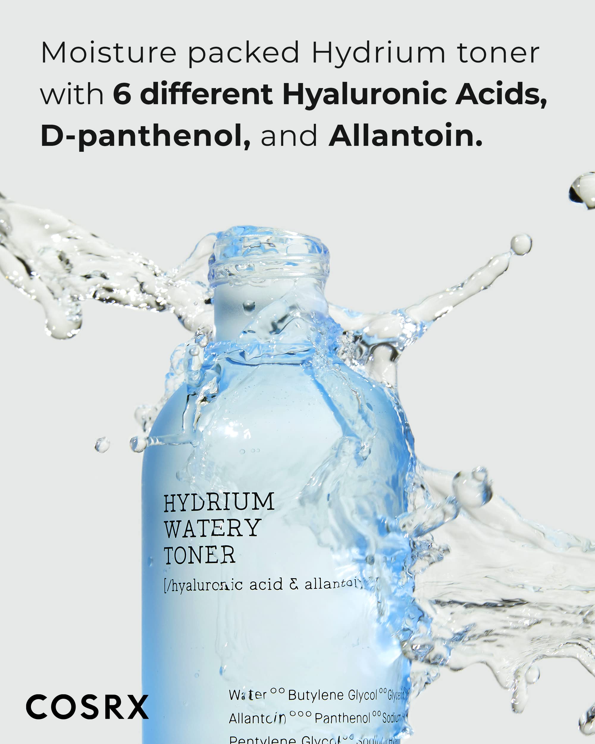 COSRX Hydrium Watery Toner, aplicación en disco de algodón, preparación para la rutina de cuidado.