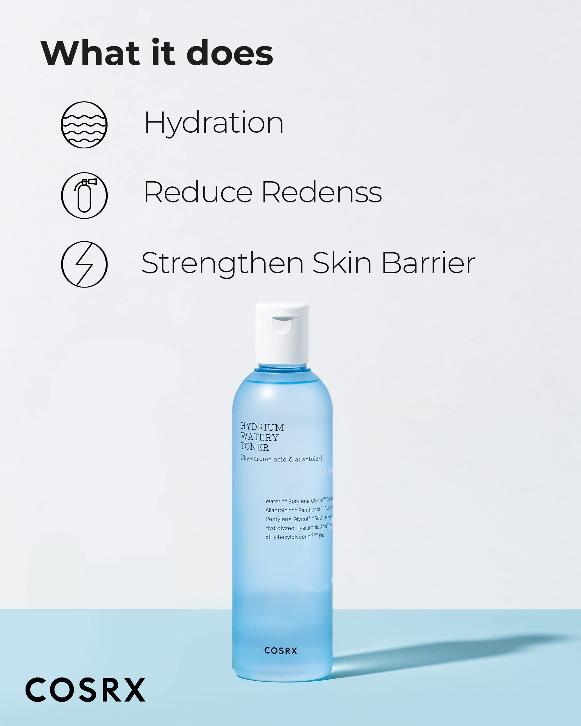 COSRX Hydrium Watery Toner, envase de vidrio, sensación refrescante y rápida absorción.