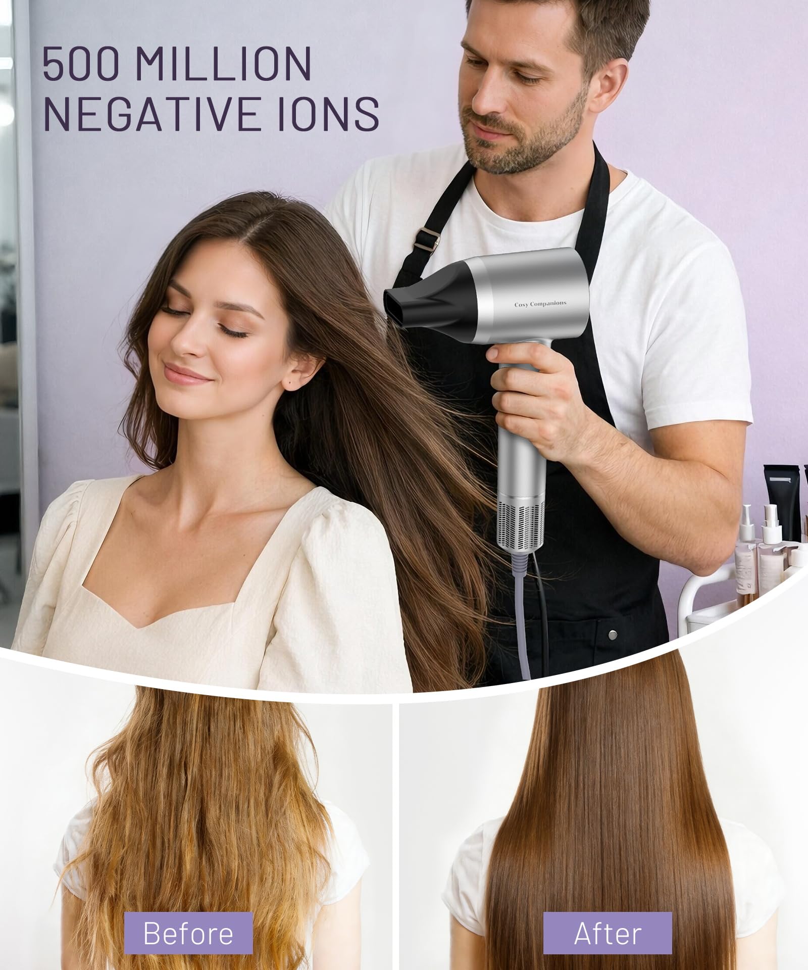 Cosy Companions high-speed ionic hair dryer in use with compact body on vanity.