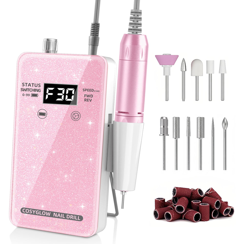 COSYGLOW Glitter portable nail drill pink close-up for on-the-go manicures.