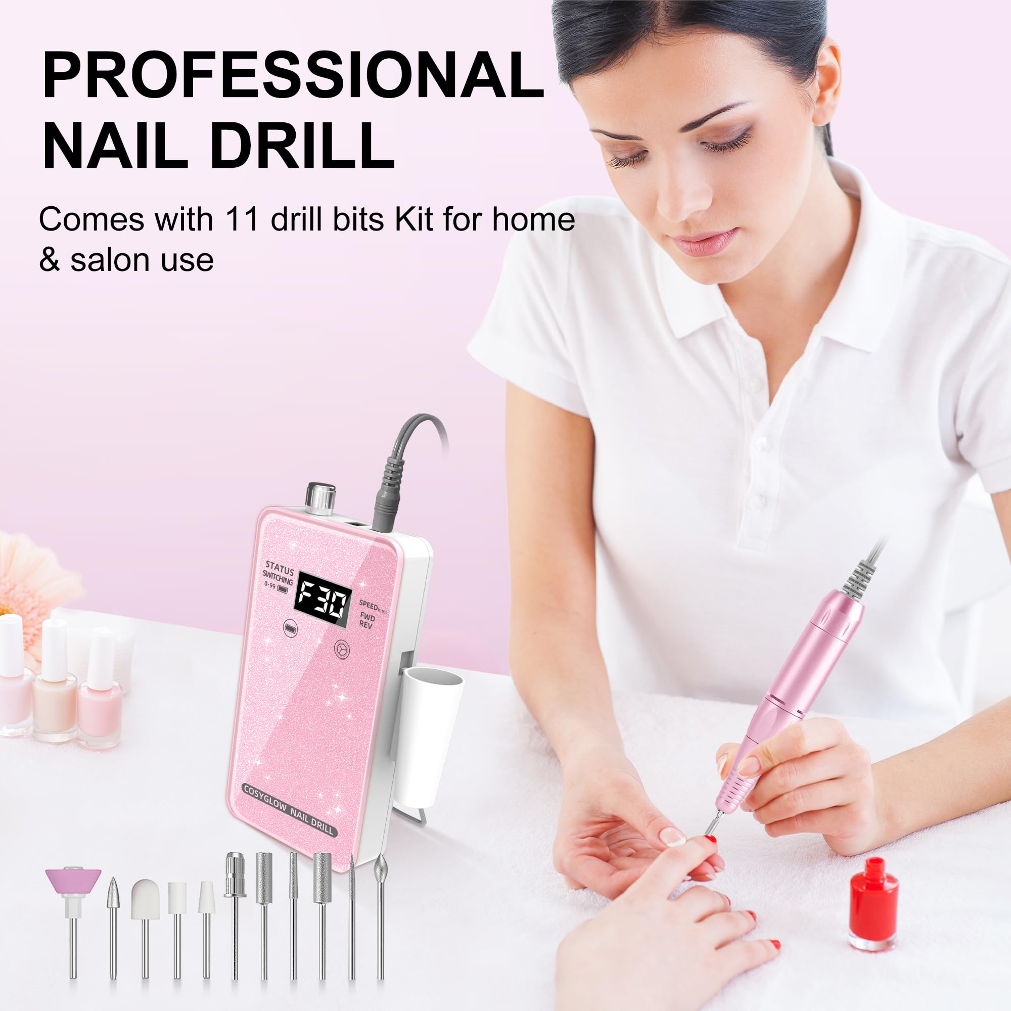 COSYGLOW includes 11 drill bits for trimming, grinding, and shaping nails.