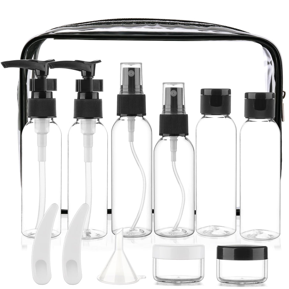 Cosywell travel bottles set arranged for organized packing in a clear bag.