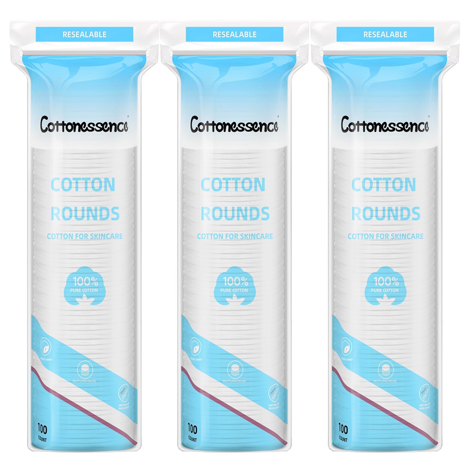Cottonessence cotton rounds pack, 100-count, ideal for gentle cleansing.