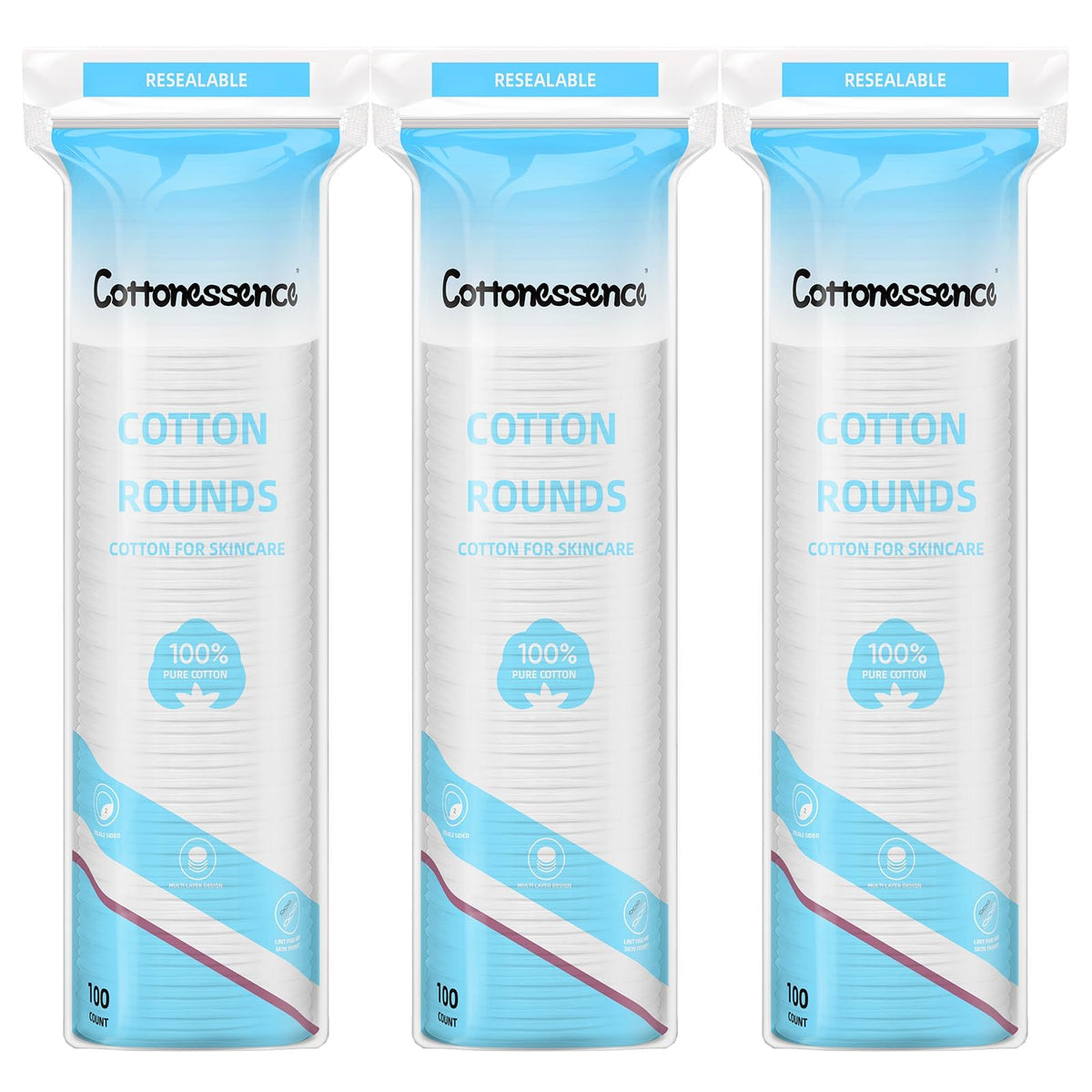 Cottonessence cotton rounds pack, 100-count, ideal for gentle cleansing.