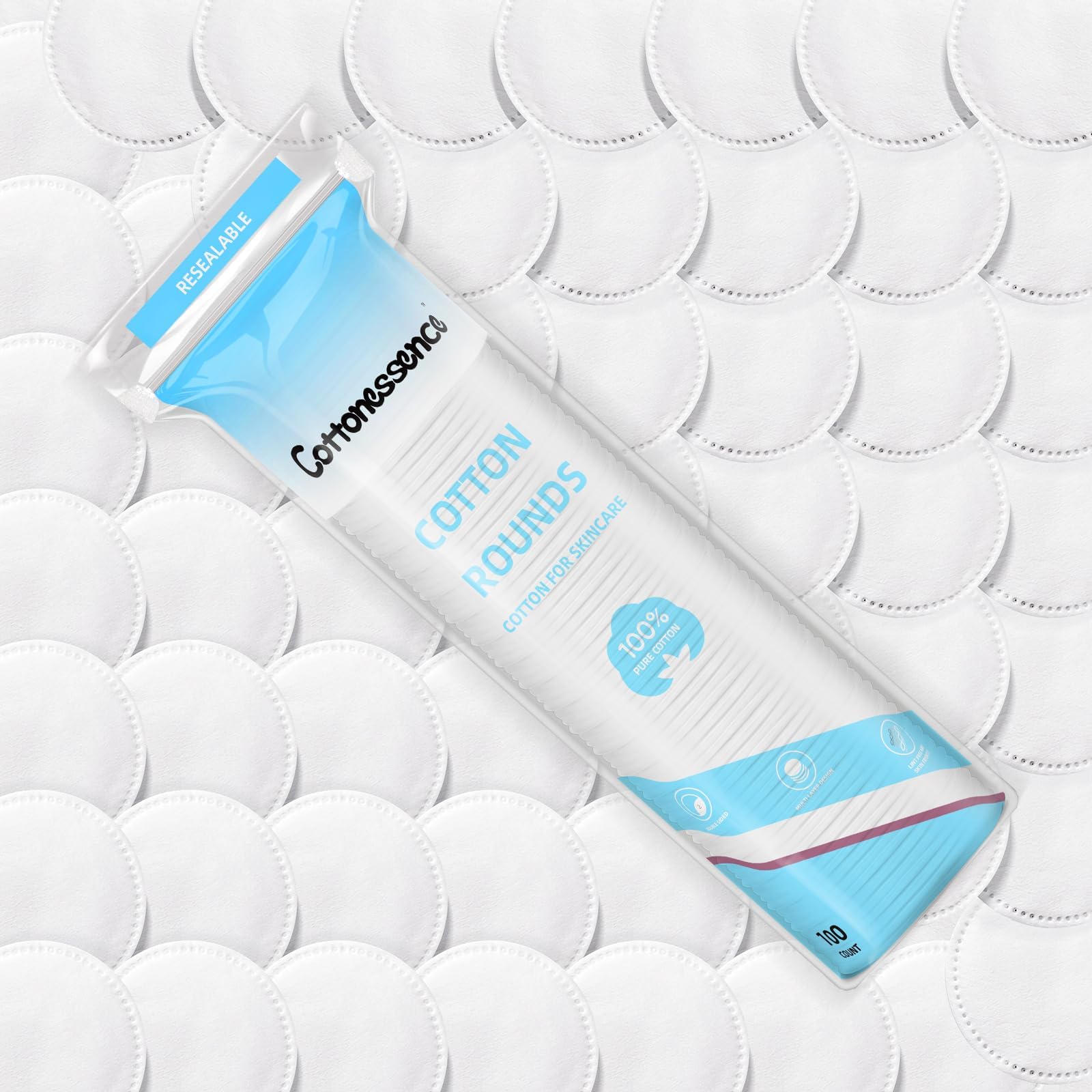 Cottonessence cotton rounds with a soft plain side for gentle touch on skin.