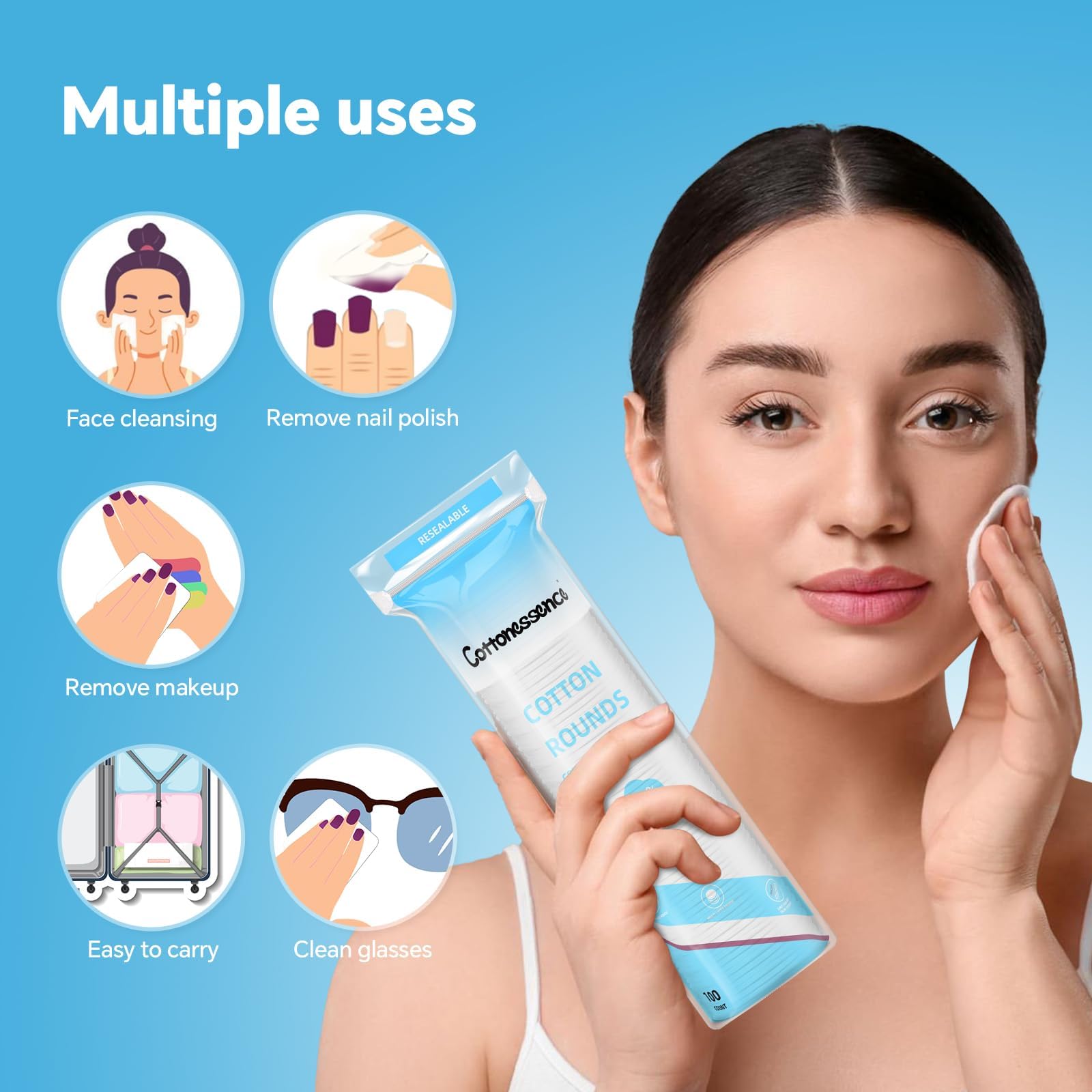 Cottonessence cotton rounds are travel-friendly and compact for on-the-go use.
