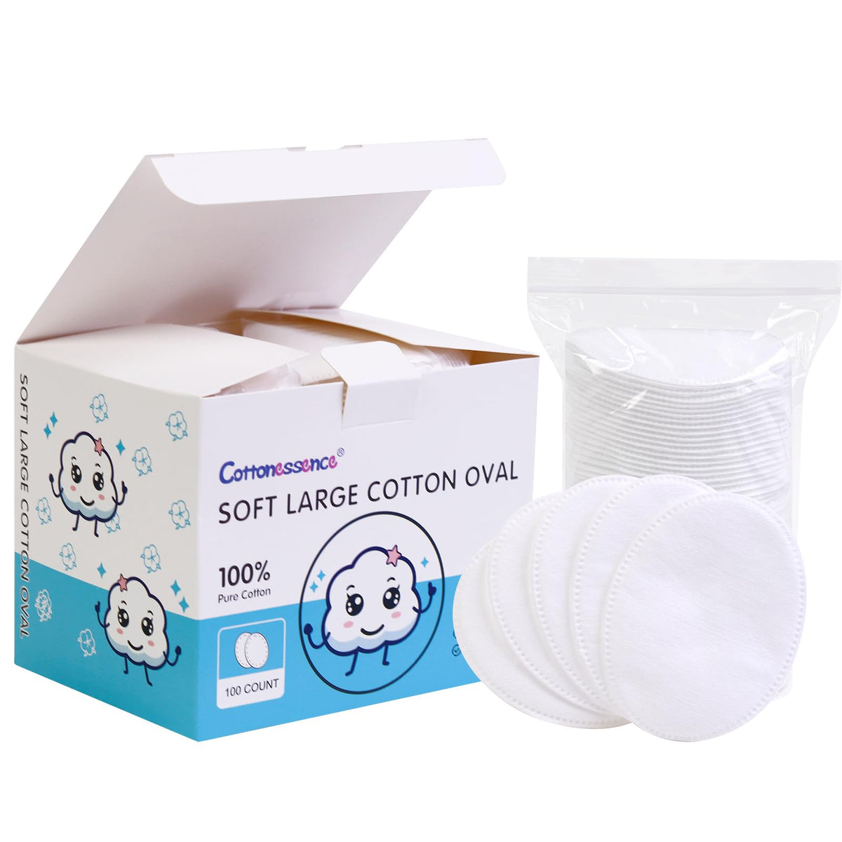Cottonessence oval cotton pads 100-count pack for gentle daily skincare and makeup removal