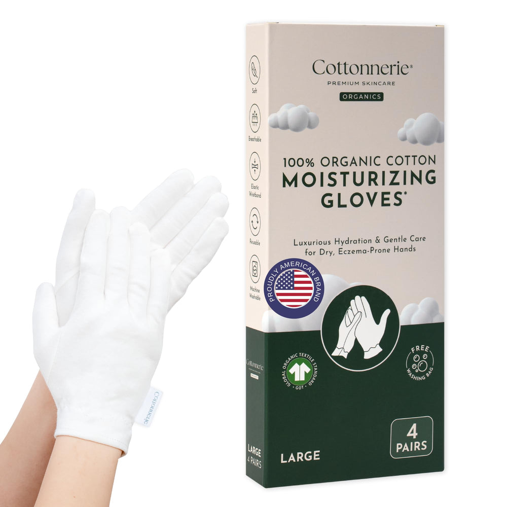 Cottonnerie 4-pairs box packaging highlights gloves for overnight dry-hand care.