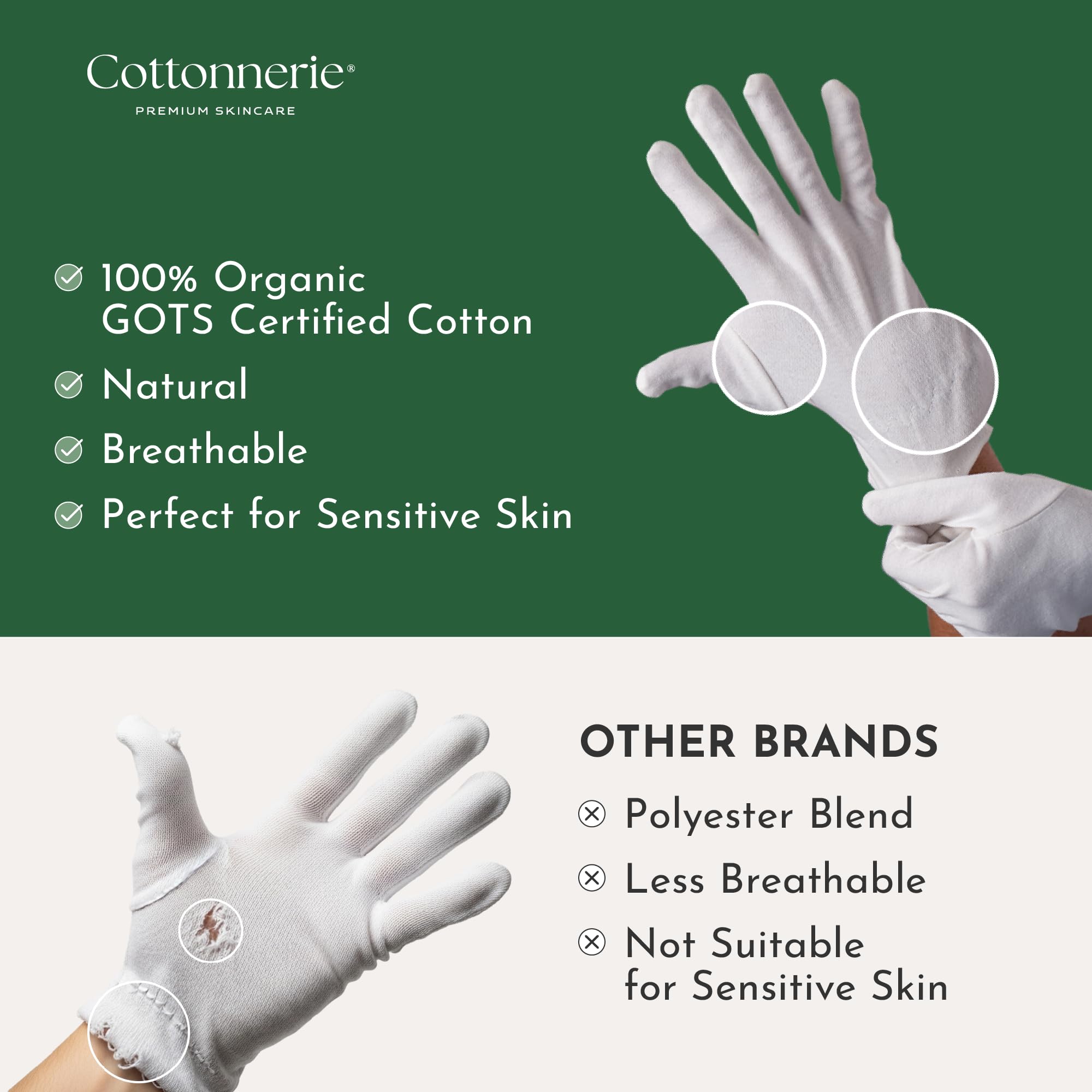 Cottonnerie gloves with elastic wristband worn during sleep for secure fit.