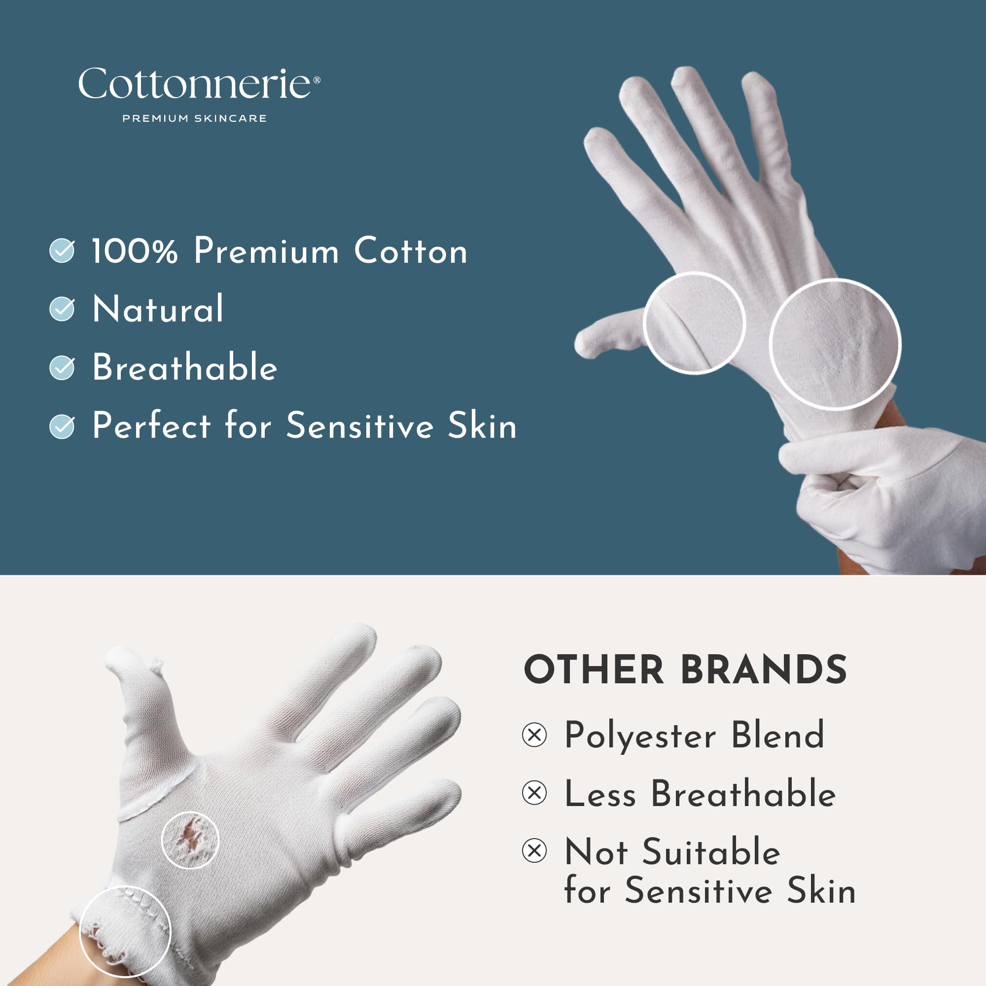 Cottonnerie moisturizing gloves in white, pink, blue for sensitive skin.