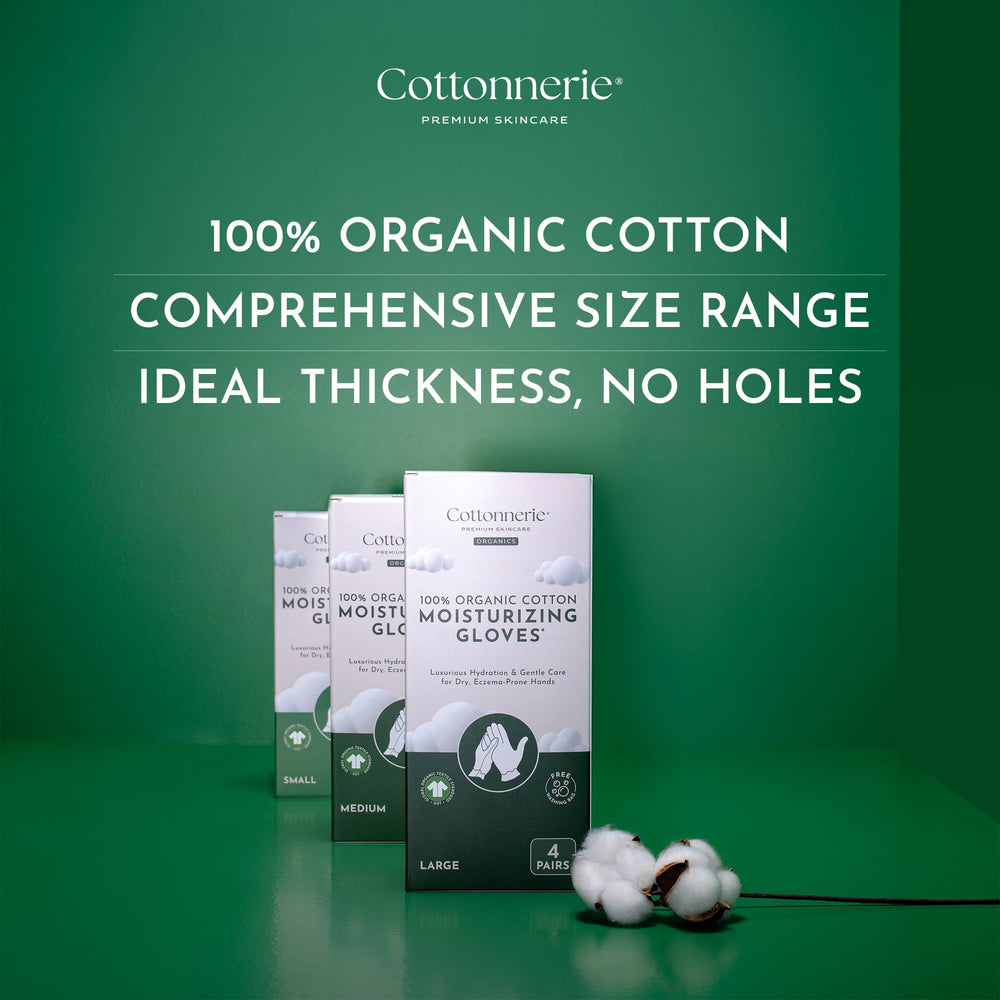 Cottonnerie organic cotton gloves close-up emphasizes breathable fabric for sensitive skin care.