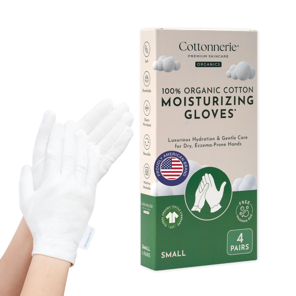 Cottonnerie overnight gloves in package show gentle organic cotton for night care.