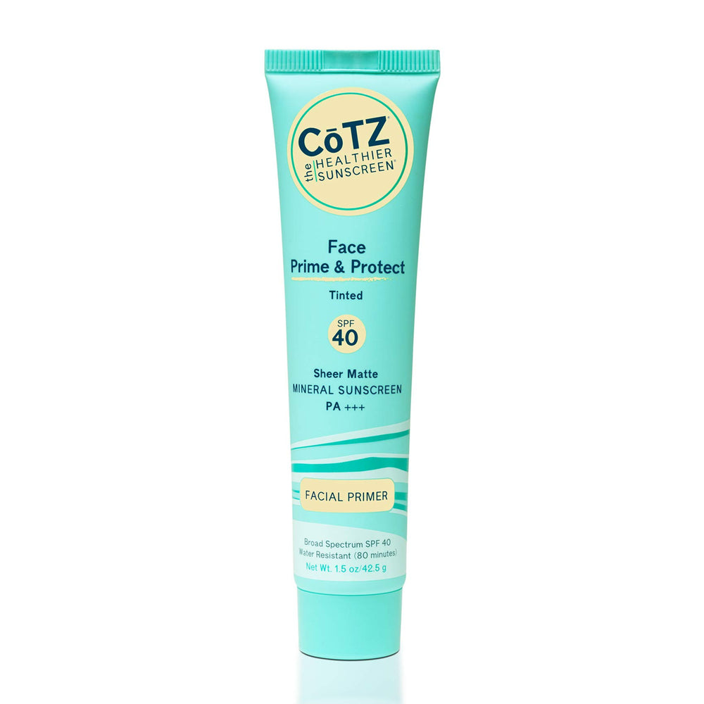 CoTZ Face Prime and Protect bottle close-up highlighting SPF 40 mineral sunscreen for daily protection.