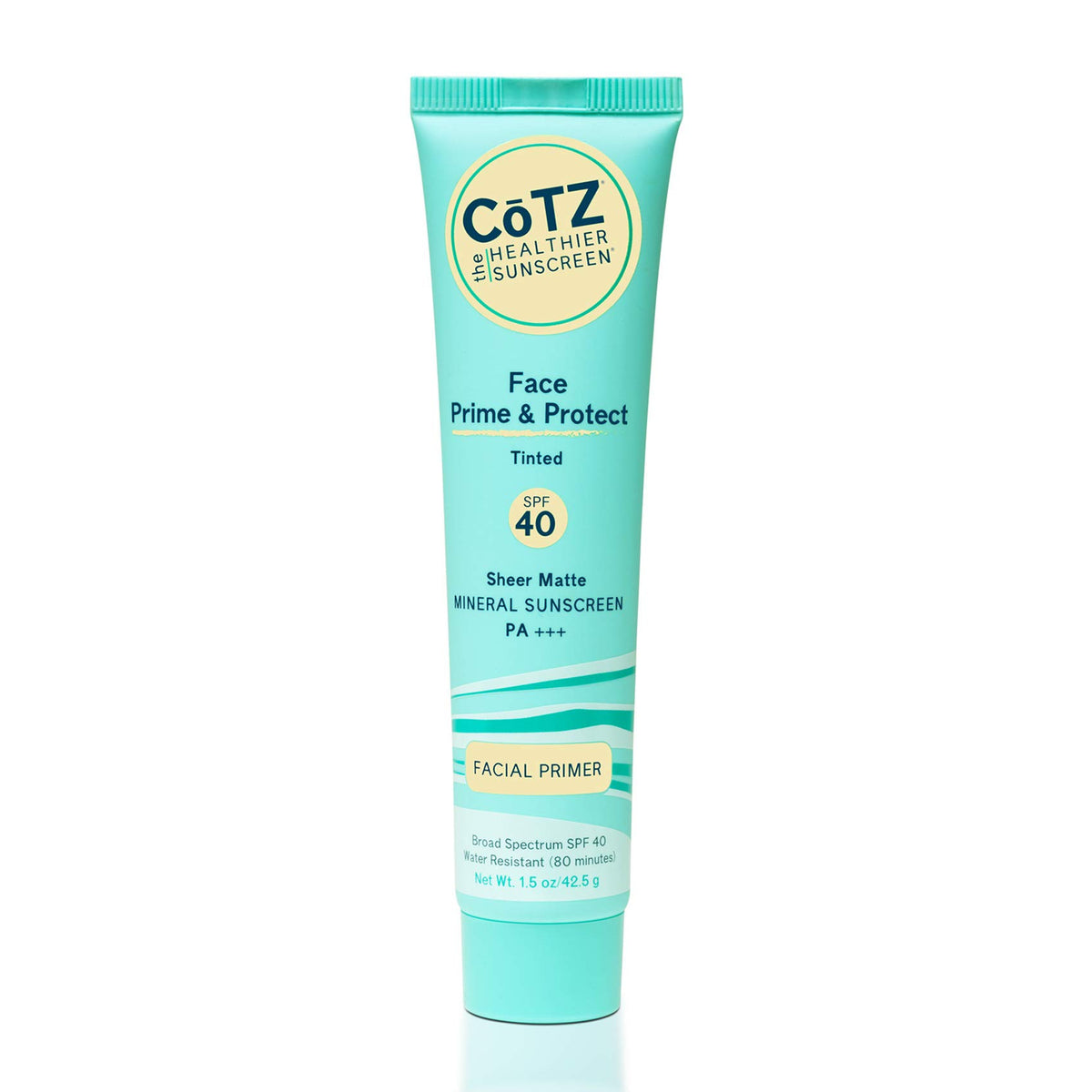 CoTZ Face Prime and Protect bottle close-up highlighting SPF 40 mineral sunscreen for daily protection.