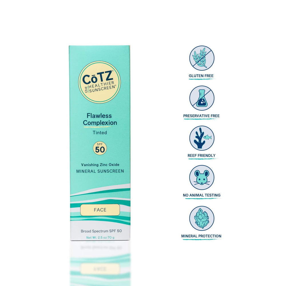 CoTZ Flawless Complexion SPF 50 bottle back shows ingredients and mineral protection