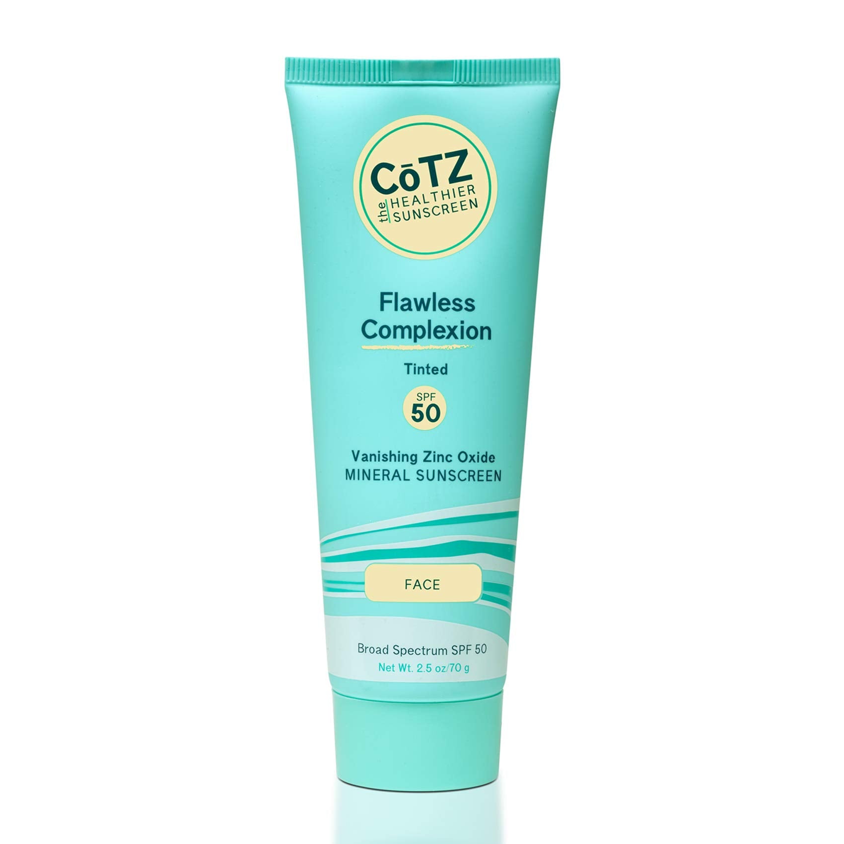 CoTZ Flawless Complexion SPF 50 bottle front view with sheer tinted mineral sunscreen