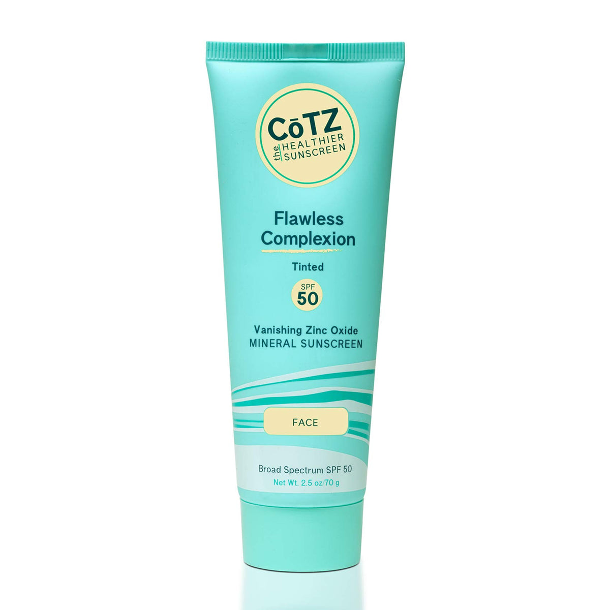 CoTZ Flawless Complexion SPF 50 bottle front view with sheer tinted mineral sunscreen