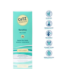 CoTZ Sensitive sunscreen bottle-back highlights fragrance-free and chemical-free formula for sensitive skin.