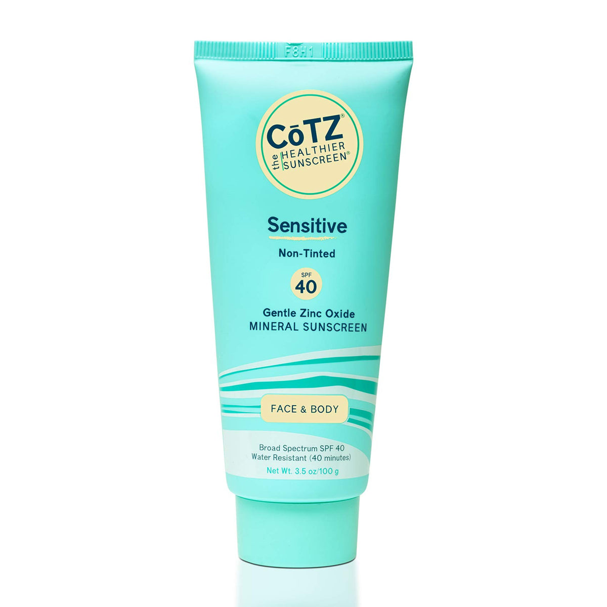 CoTZ Sensitive sunscreen face-front bottle shows mineral SPF 40 protection for delicate skin.
