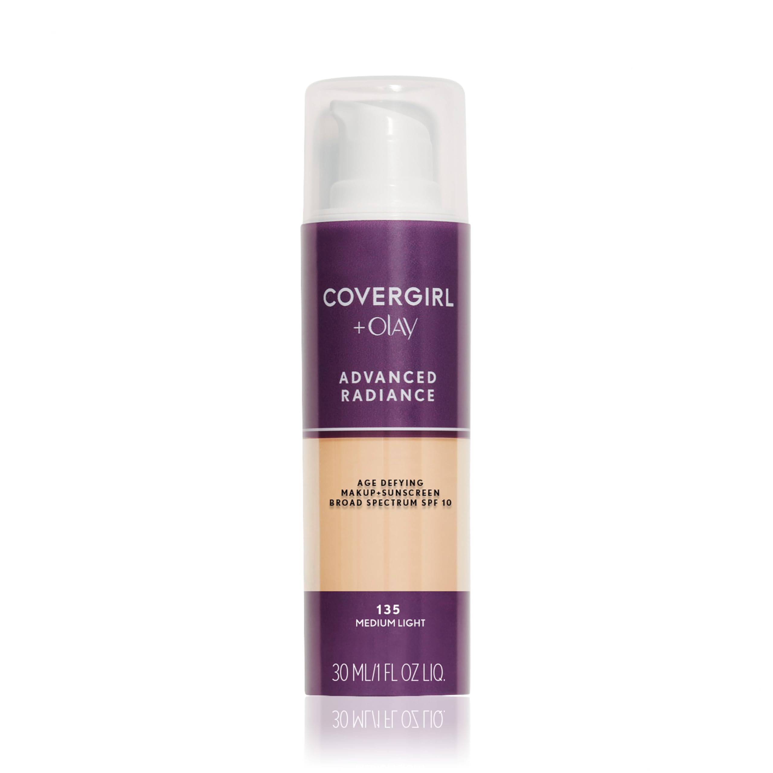 CoverGirl Advanced Radiance Foundation 135 bottle closeup for smooth, radiant coverage.