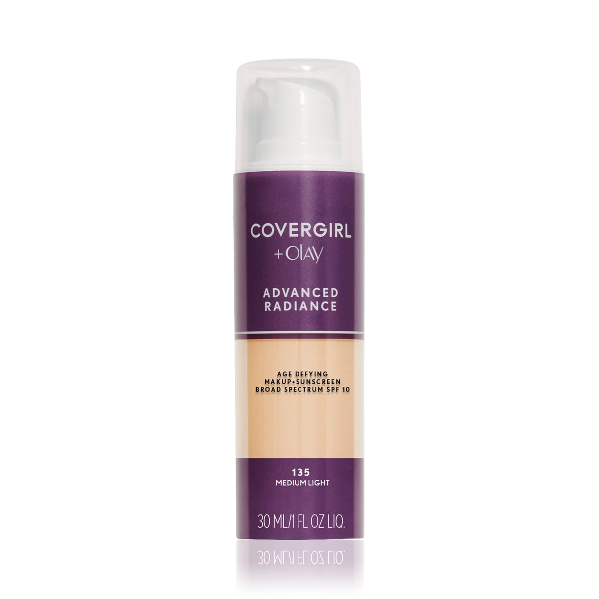 CoverGirl Advanced Radiance Foundation 135 bottle closeup for smooth, radiant coverage.