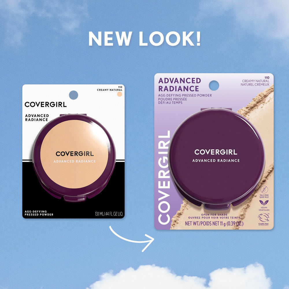 CoverGirl Advanced Radiance pressed powder shows shade range for diverse tones.