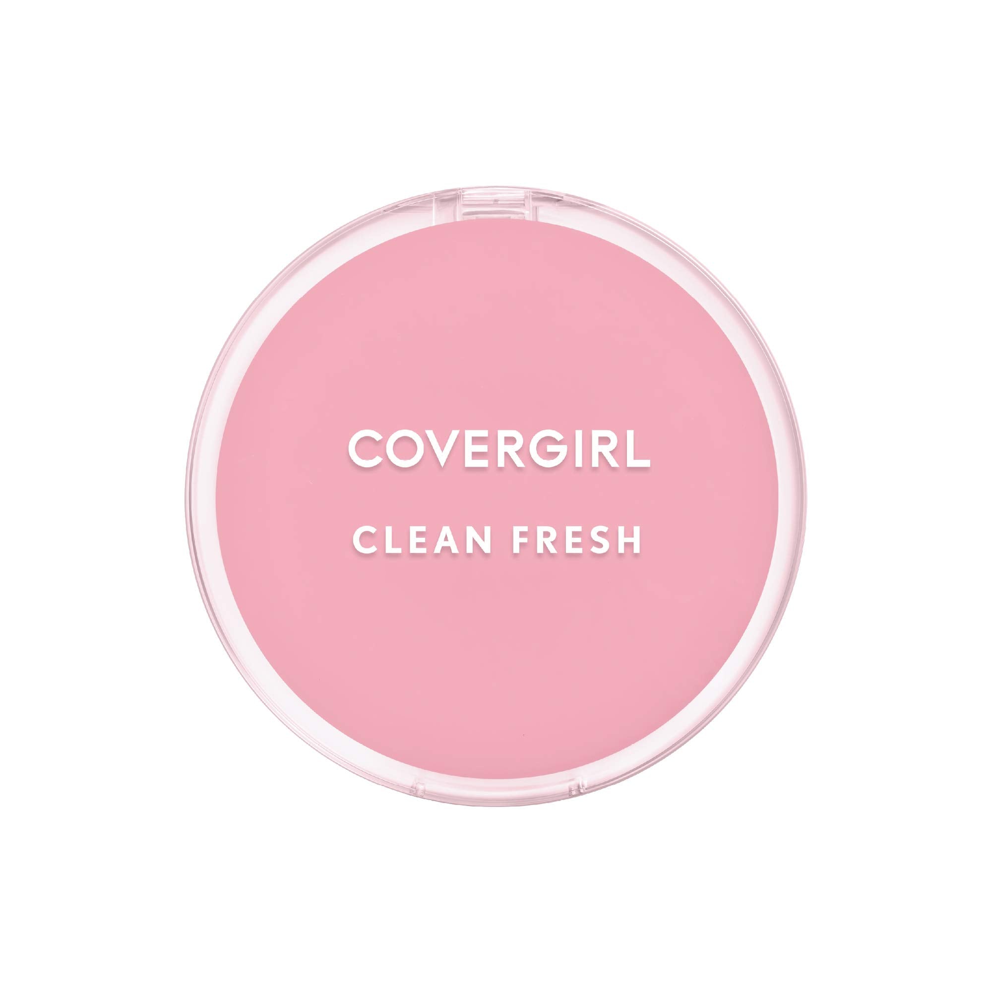 CoverGirl Clean Fresh pressed powder packaging close-up highlighting vegan formula for natural finish.