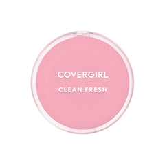CoverGirl Clean Fresh pressed powder packaging close-up highlighting vegan formula for natural finish.
