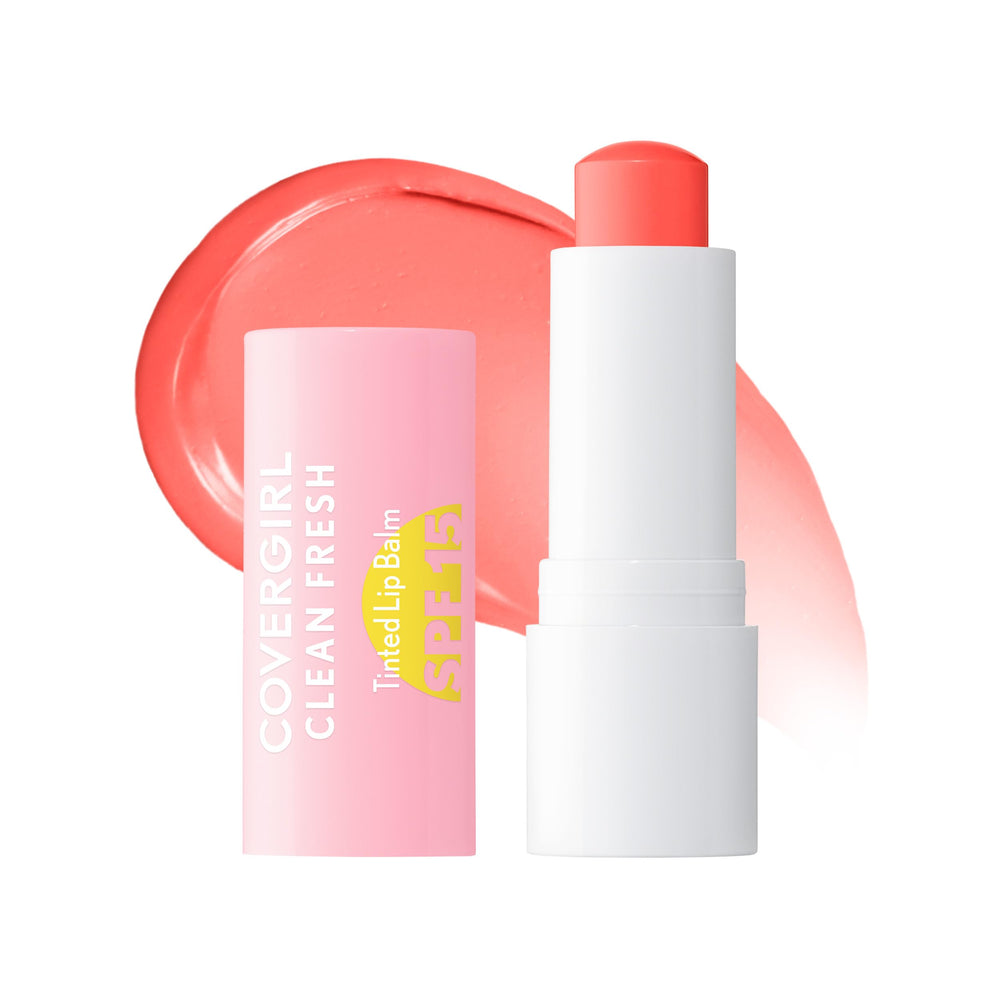 COVERGIRL Clean Fresh Tinted Lip Balm SPF 15 swatch shows vibrant orange shade with lasting hydration.