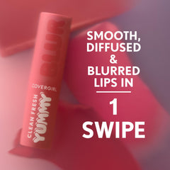 Application closeup of CoverGirl Clean Fresh Yummy Blur gliding on lips.