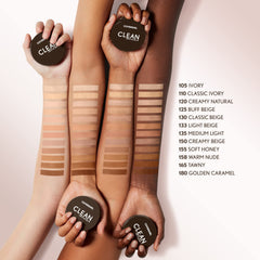 Swatches show lightweight, skin-like coverage with a natural tone.