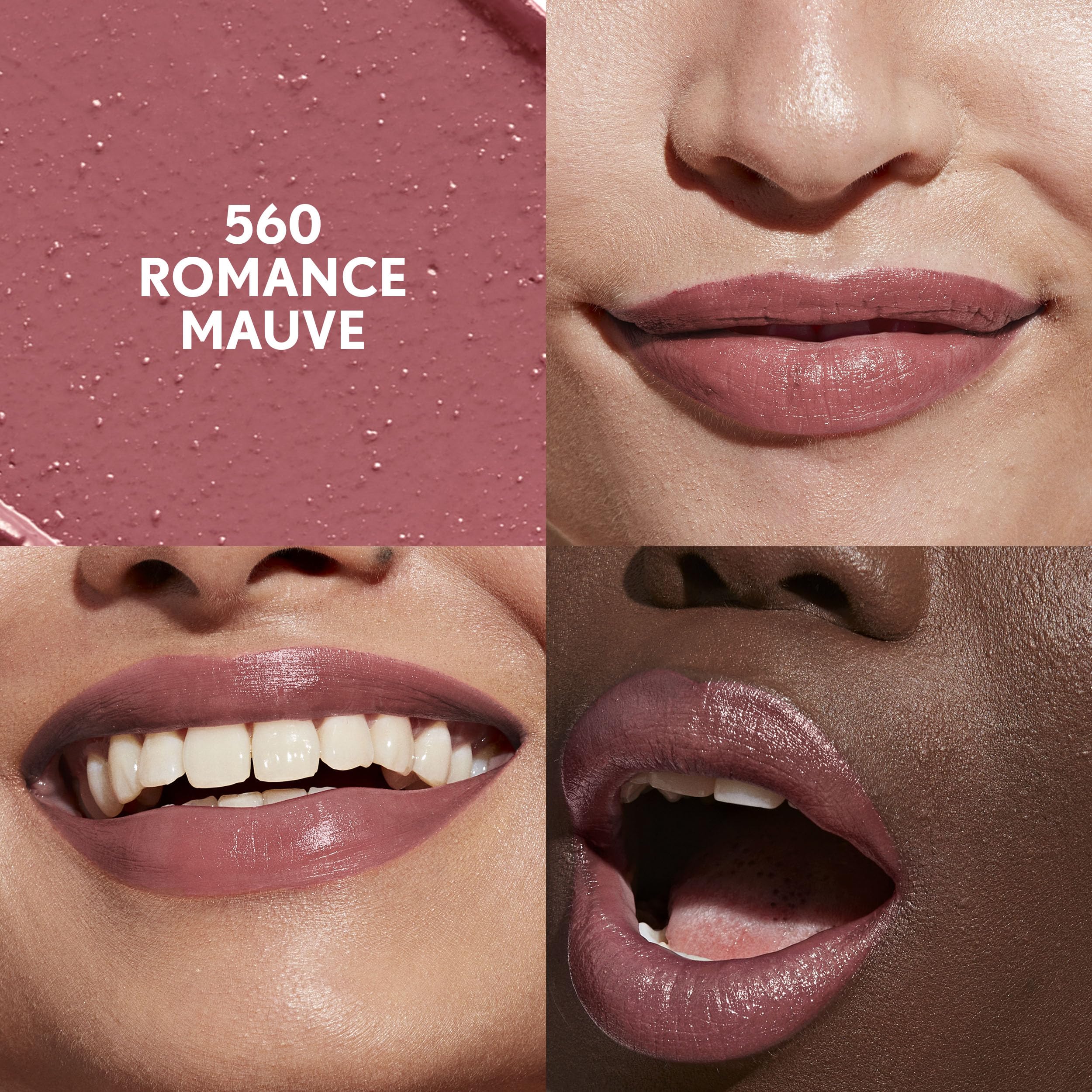 Romance Mauve on lips displaying creamy texture and satin finish