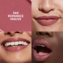 Romance Mauve on lips displaying creamy texture and satin finish