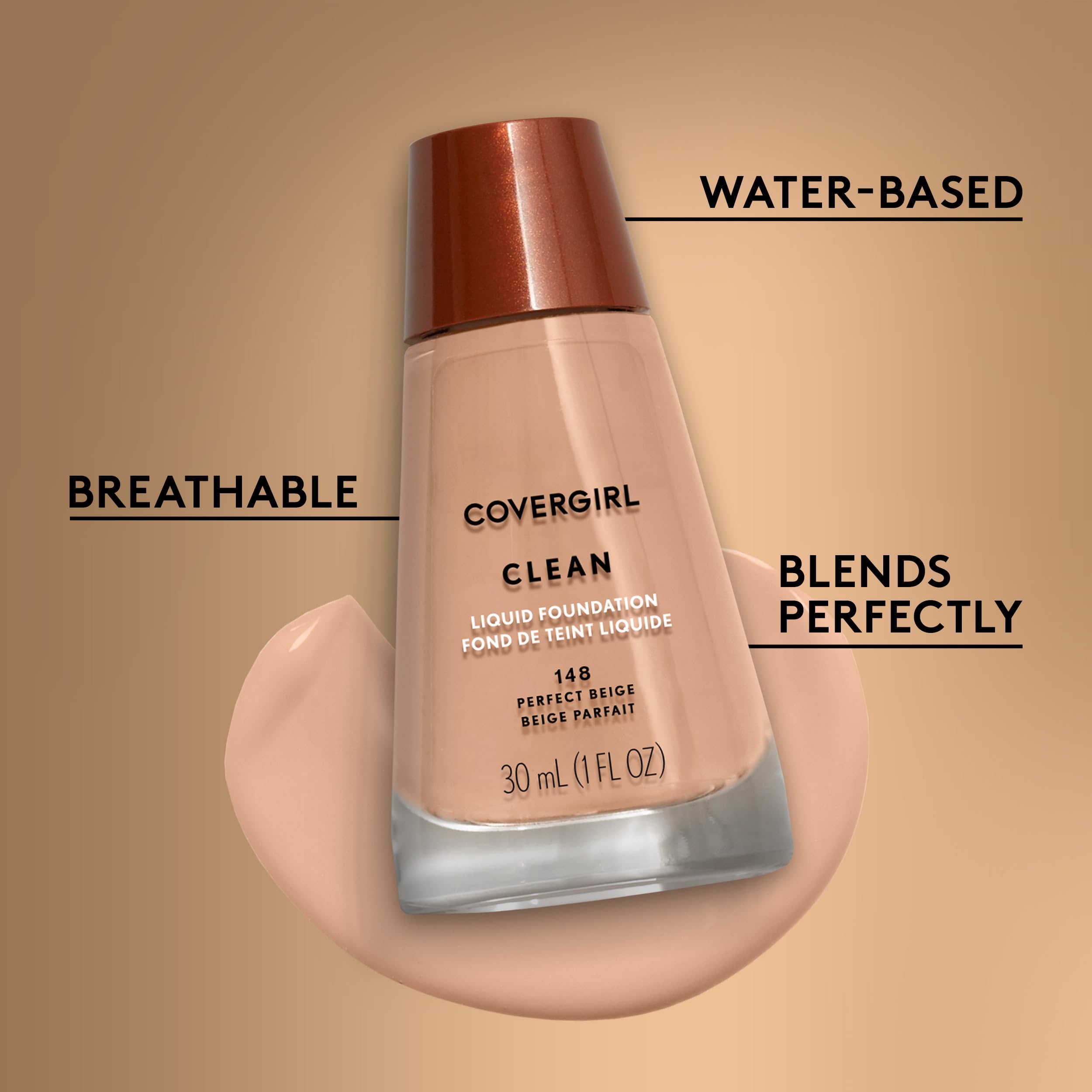 COVERGIRL Clean Liquid Foundation Perfect Beige 148, fundación vegana sin ftalatos.