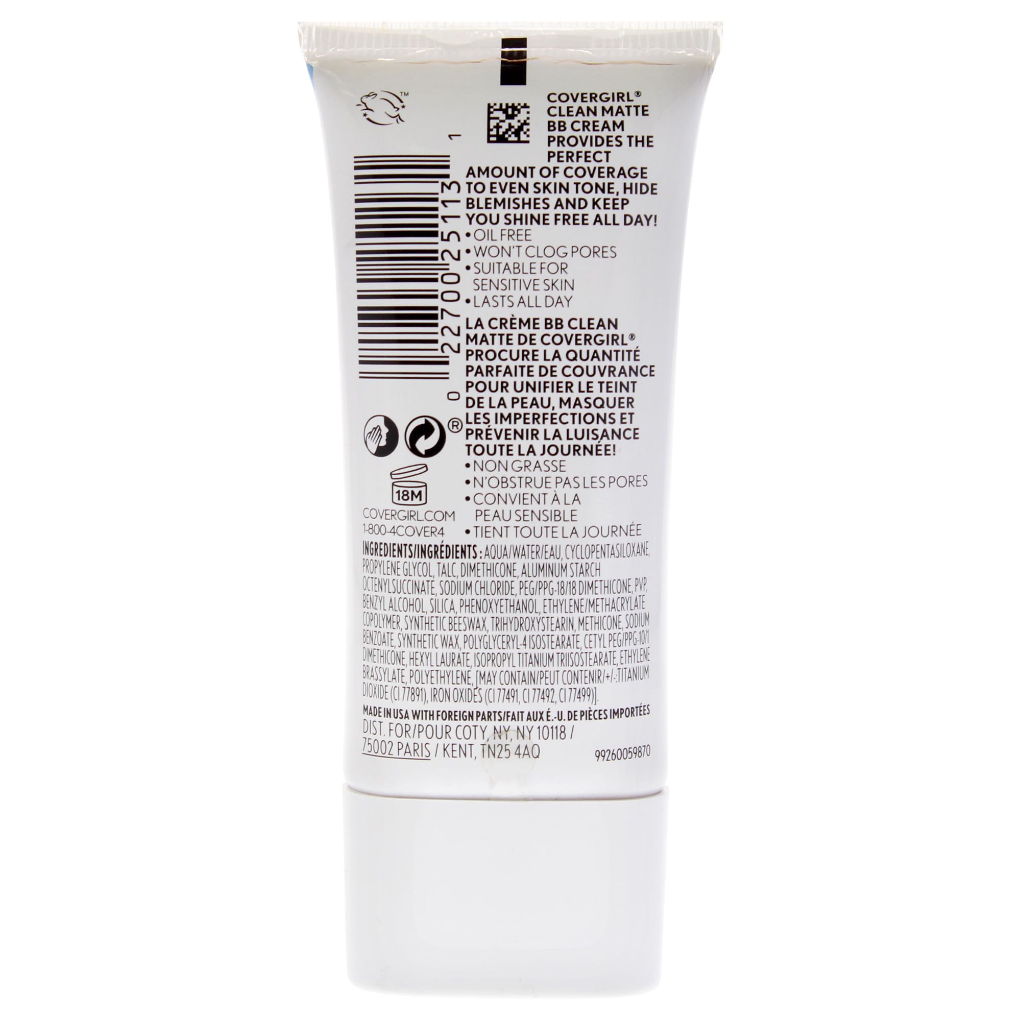 CoverGirl Clean Matte BB Cream texture swirl highlights blendable, lightweight coverage for light/medium skin.
