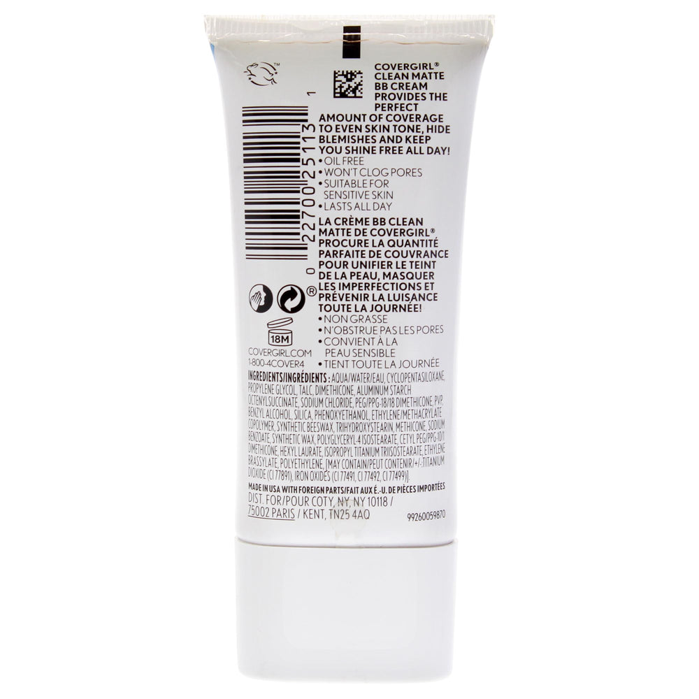 CoverGirl Clean Matte BB Cream texture swirl highlights blendable, lightweight coverage for light/medium skin.