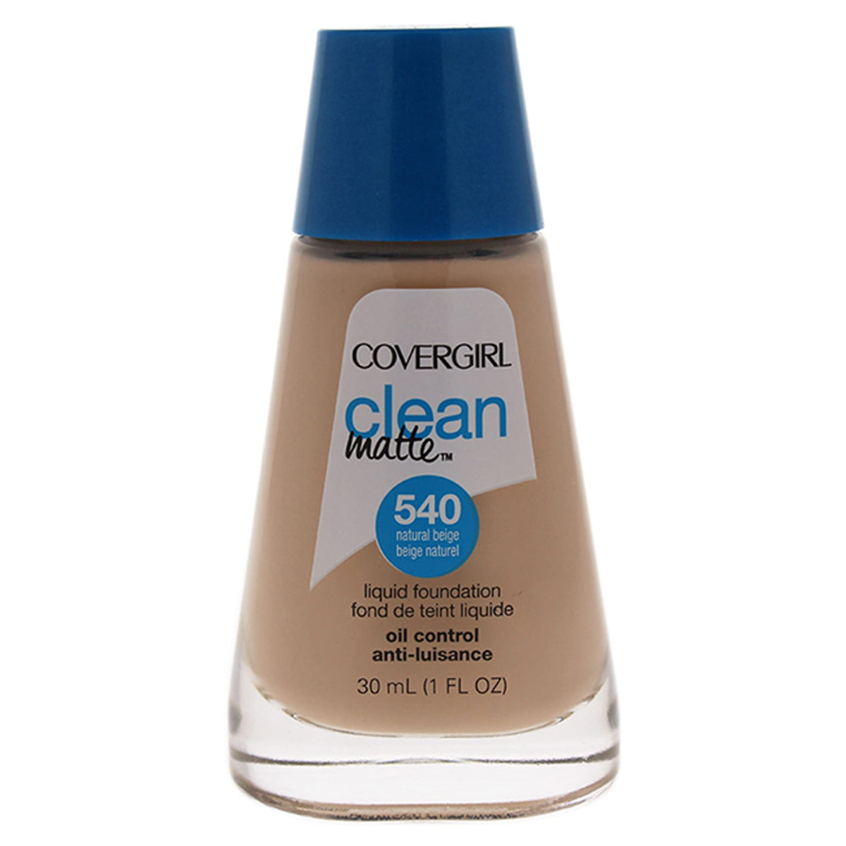 CoverGirl Clean Matte Liquid Foundation bottle in 540 Natural Beige offering oil-control and lightweight coverage