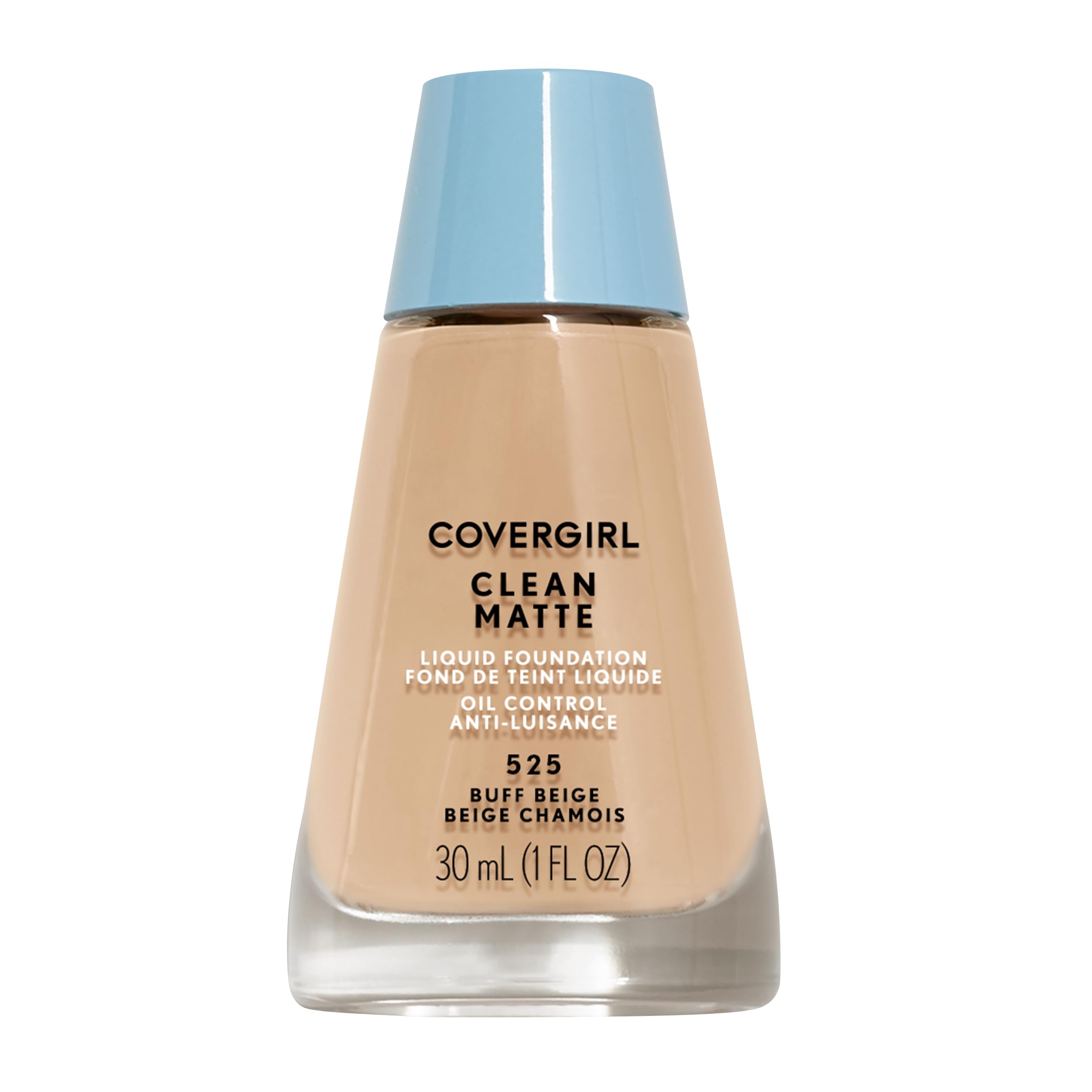 CoverGirl Clean Matte Foundation Buff Beige 525 bottle close-up showing oil-absorbing formula