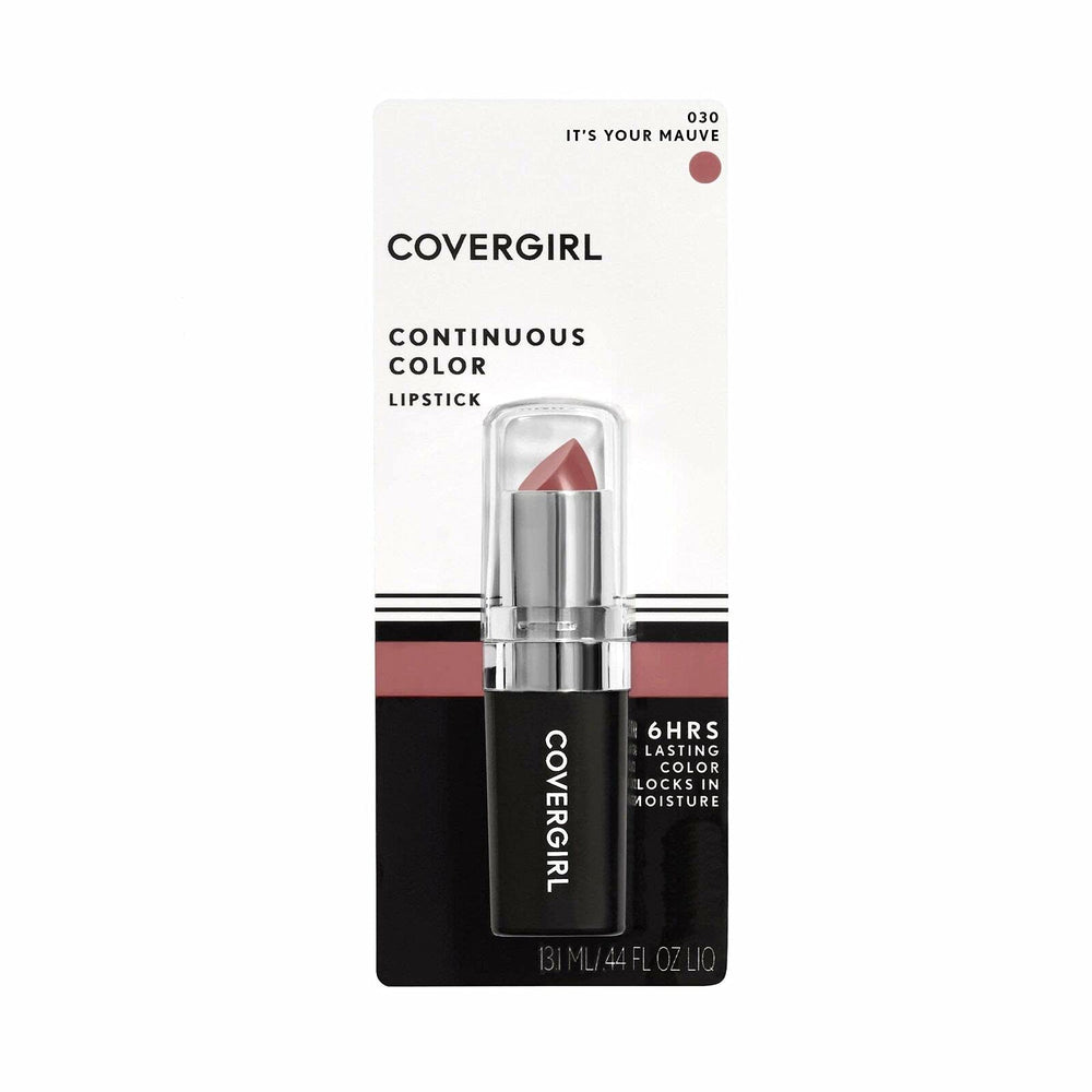 CoverGirl Continuous Color Lipstick It's Your Mauve 030 worn on lips for long-lasting color