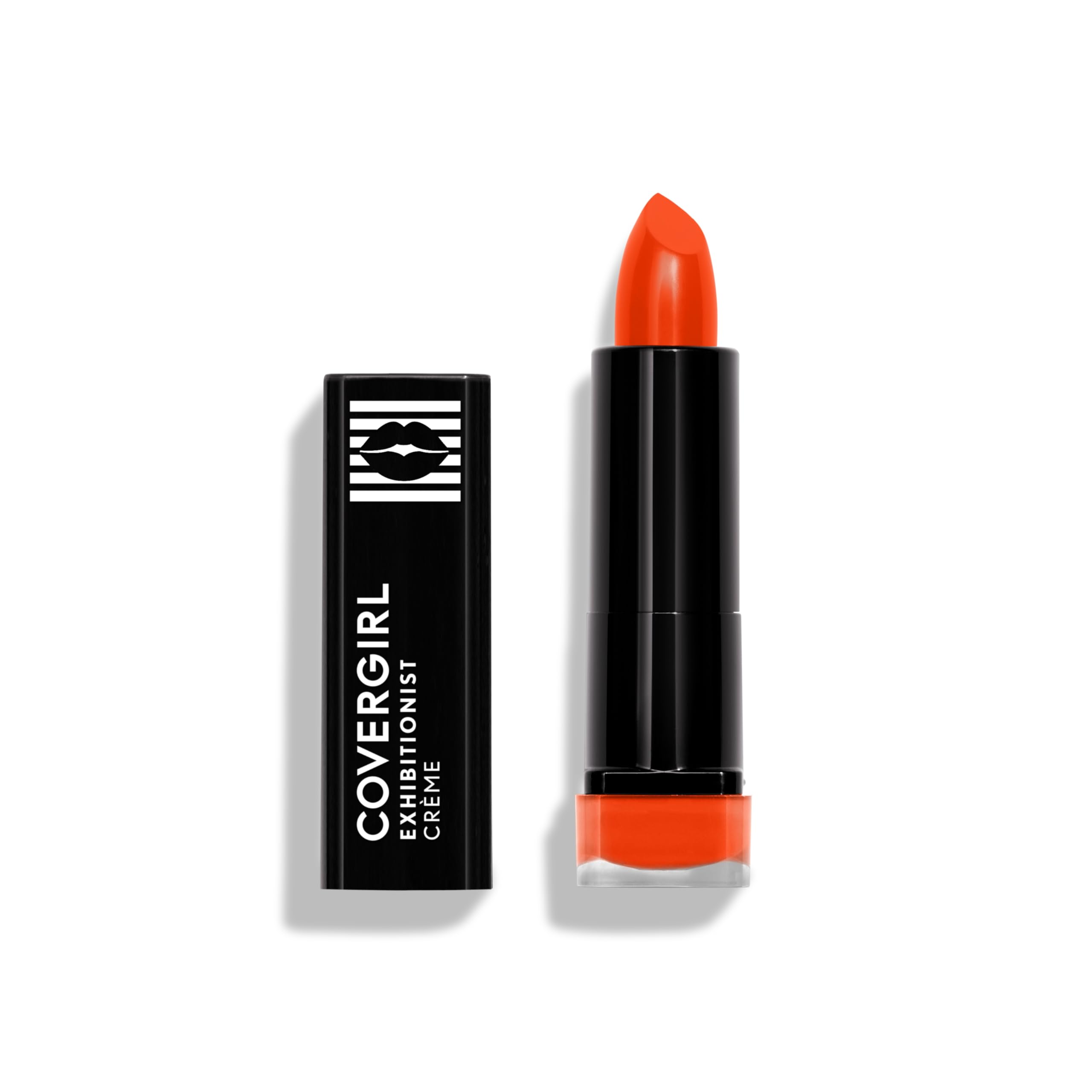 CoverGirl Exhibitionist Cream Lipstick Orange AF closed cap swatch reveals vibrant color and smooth application